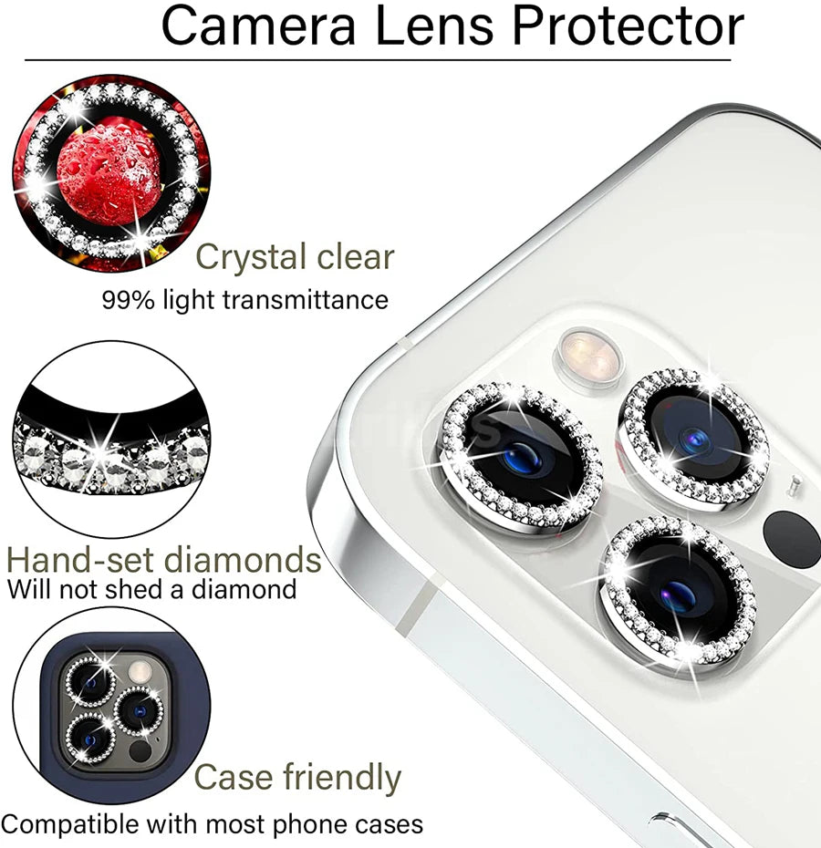 3Pcs Diamond Camera Case For iPhone 15 14 11 12 13 Pro Max 15 Plus Lens Protector Screen Case For iPhone15 14Pro Tempered Glass
